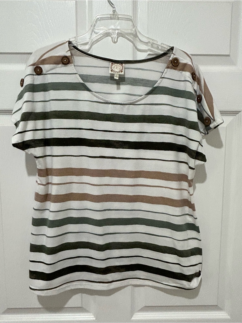 Striped Short-Sleeve Tee with Button-Shoulder Detail - White, Olive & Tan